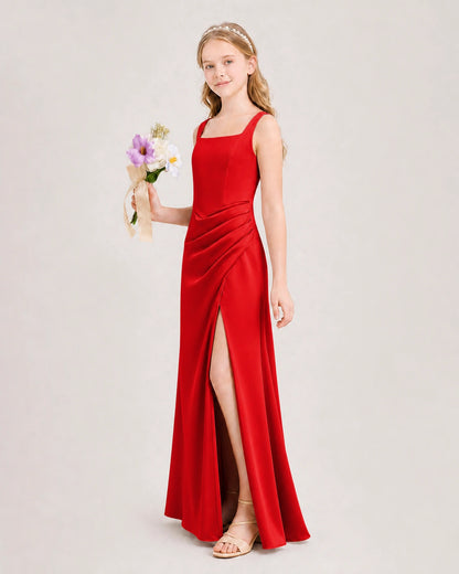 Red Junior Bridesmaid Dress Square Neck Draped Slit Satin Floor-Length Gown Side View