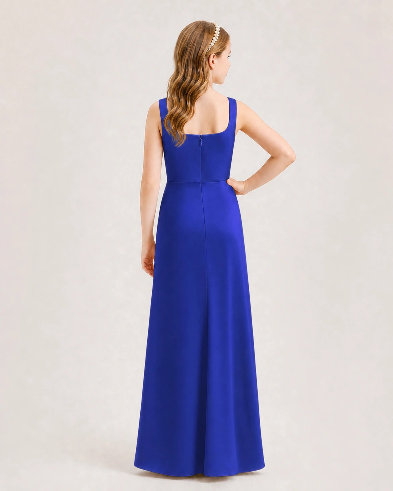 Royal Blue Junior Bridesmaid Dress Square Neck Draped Slit Satin Floor-Length Gown Back View