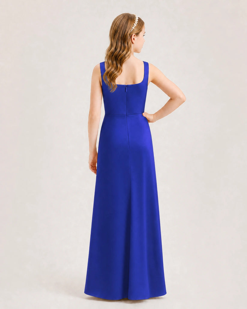 Royal Blue Satin A-line Junior Bridesmaid Dress Back View