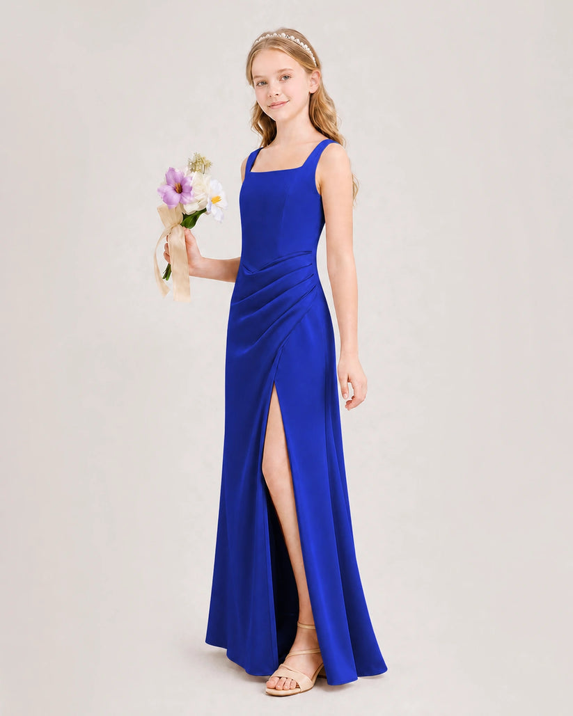 Royal Blue Satin A-line Junior Bridesmaid Dress Front View