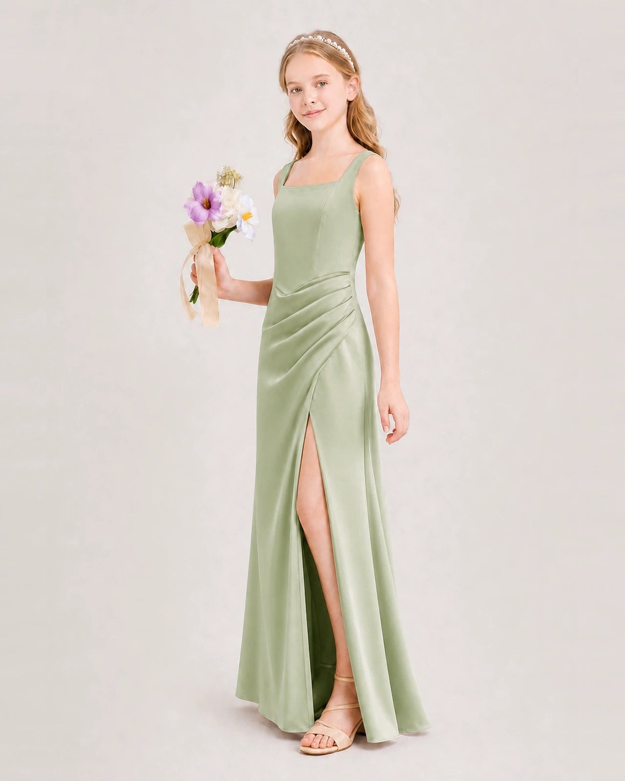 Sage Green Junior Bridesmaid Dress Square Neck Draped Slit Satin Floor-Length Gown Side View