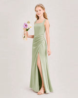 Sage Green Satin A-line Junior Bridesmaid Dress Front View