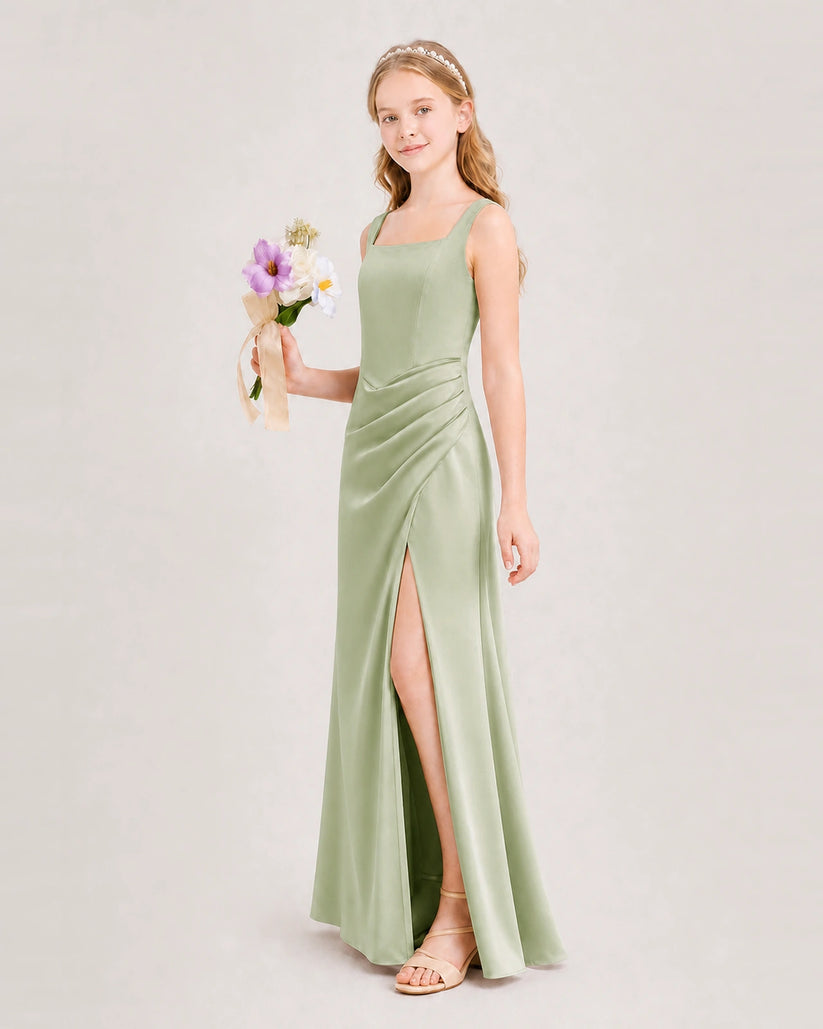 Sage Green Satin A-line Junior Bridesmaid Dress Front View