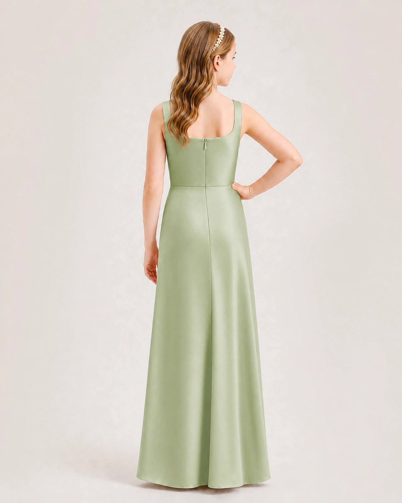 Sage Green Junior Bridesmaid Dress Square Neck Draped Slit Satin Floor-Length Gown Back View