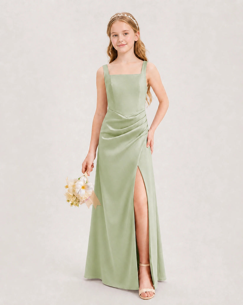Sage Green Satin A-line Junior Bridesmaid Dress Front View