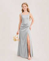 Silver Satin A-line Junior Bridesmaid Dress Front View
