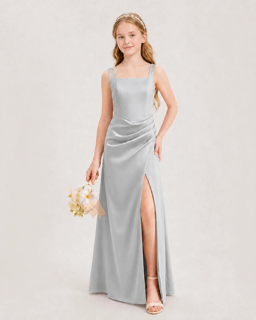 Silver Satin A-line Junior Bridesmaid Dress Front View