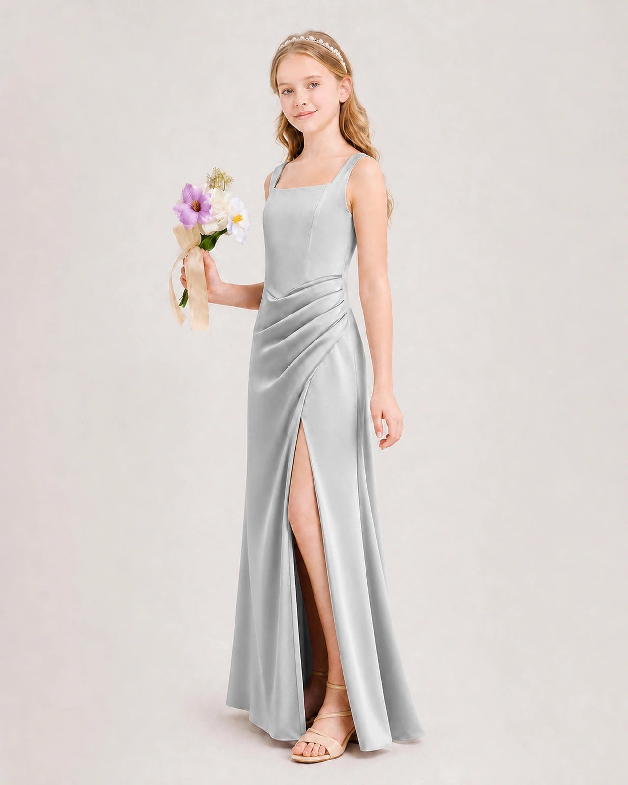 Silver Junior Bridesmaid Dress Square Neck Draped Slit Satin Floor-Length Gown Side View