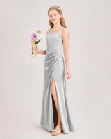 Silver Satin A-line Junior Bridesmaid Dress Front View