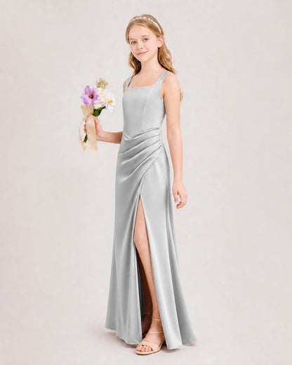 Silver Junior Bridesmaid Dress Square Neck Draped Slit Satin Floor-Length Gown Side View
