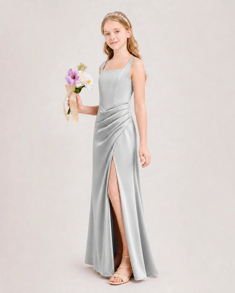 Silver Satin A-line Junior Bridesmaid Dress Front View