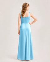 Sky Blue Satin A-line Junior Bridesmaid Dress Back View