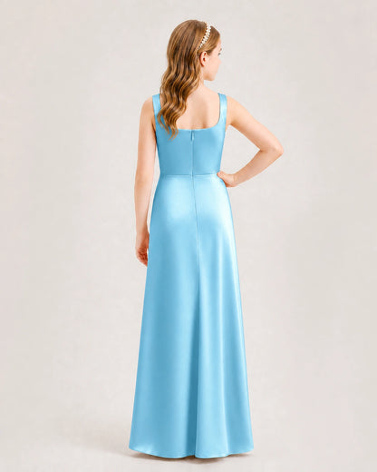 Sky Blue Junior Bridesmaid Dress Square Neck Draped Slit Satin Floor-Length Gown Back View