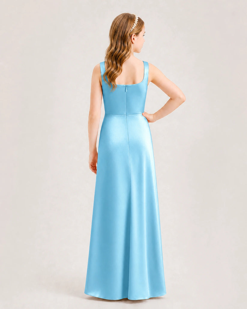 Sky Blue Satin A-line Junior Bridesmaid Dress Back View