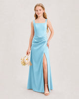 Sky Blue Satin A-line Junior Bridesmaid Dress Front View