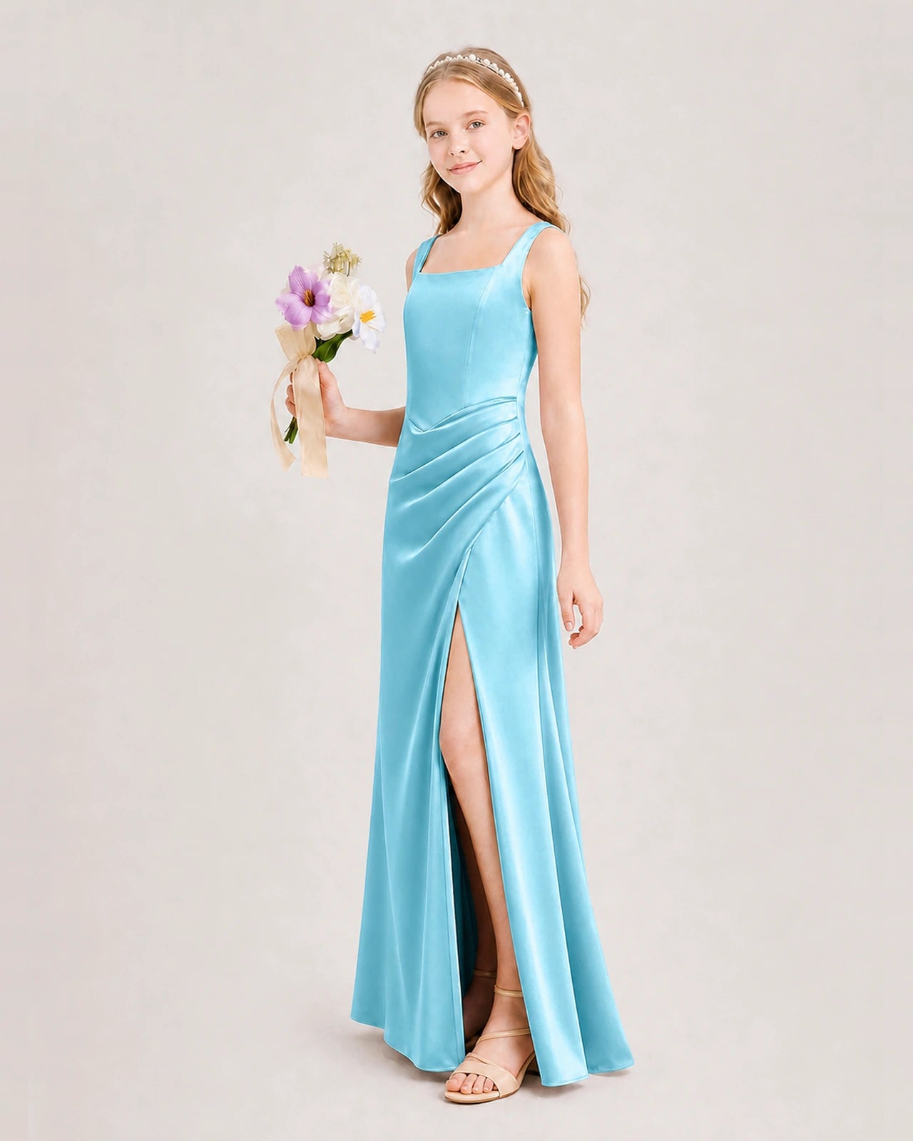 Sky Blue Junior Bridesmaid Dress Square Neck Draped Slit Satin Floor-Length Gown Side View
