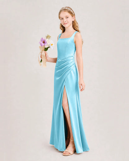 Sky Blue Junior Bridesmaid Dress Square Neck Draped Slit Satin Floor-Length Gown Side View