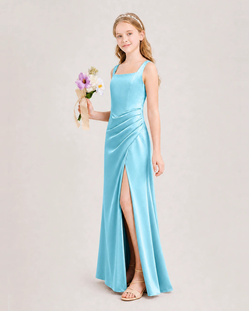 Sky Blue Satin Sheath Junior Bridesmaid Dress Front View