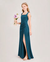 Teal Satin A-line Junior Bridesmaid Dress Front View