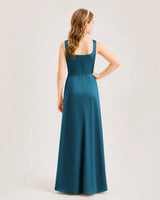 Teal Satin A-line Junior Bridesmaid Dress Back View