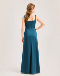 Teal Junior Bridesmaid Dress Square Neck Draped Slit Satin Floor-Length Gown Back View