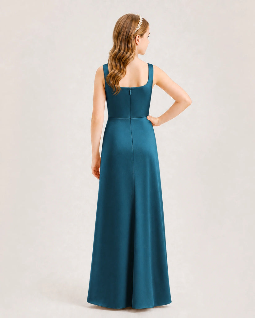 Teal Satin A-line Junior Bridesmaid Dress Back View