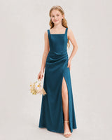Teal Satin A-line Junior Bridesmaid Dress Front View