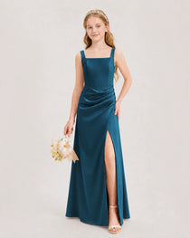 Teal Junior Bridesmaid Dress Square Neck Draped Slit Satin Floor-Length Gown Front View
