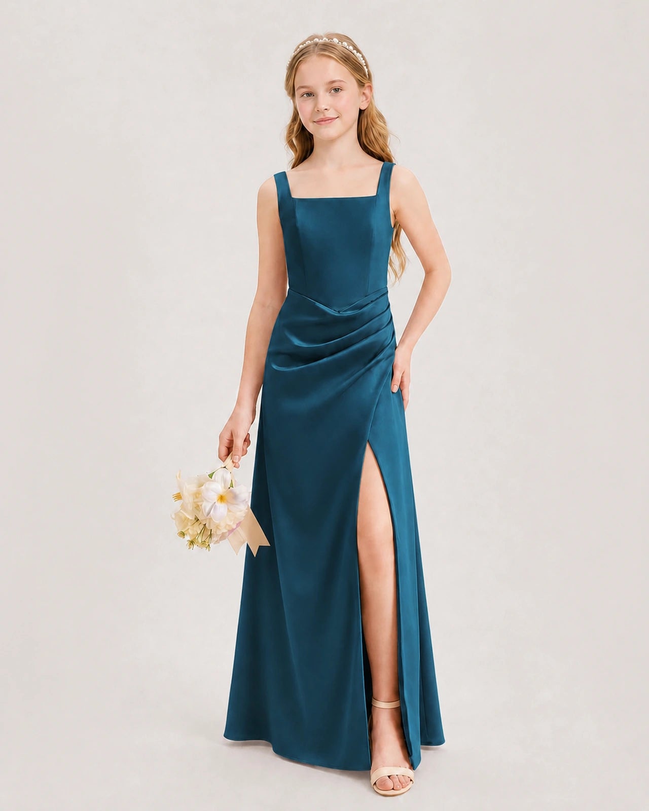 Teal Junior Bridesmaid Dress Square Neck Draped Slit Satin Floor-Length Gown Front View