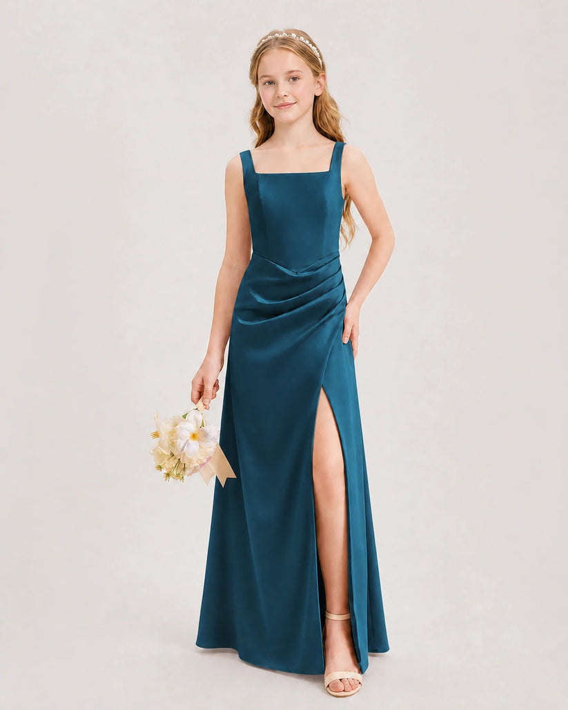 Teal Satin A-line Junior Bridesmaid Dress Front View