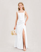 White Satin Sheath Junior Bridesmaid Dress Front View
