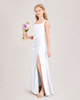 White Satin Sheath Junior Bridesmaid Dress Front View