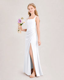 White Junior Bridesmaid Dress Square Neck Draped Slit Satin Floor-Length Gown Side View