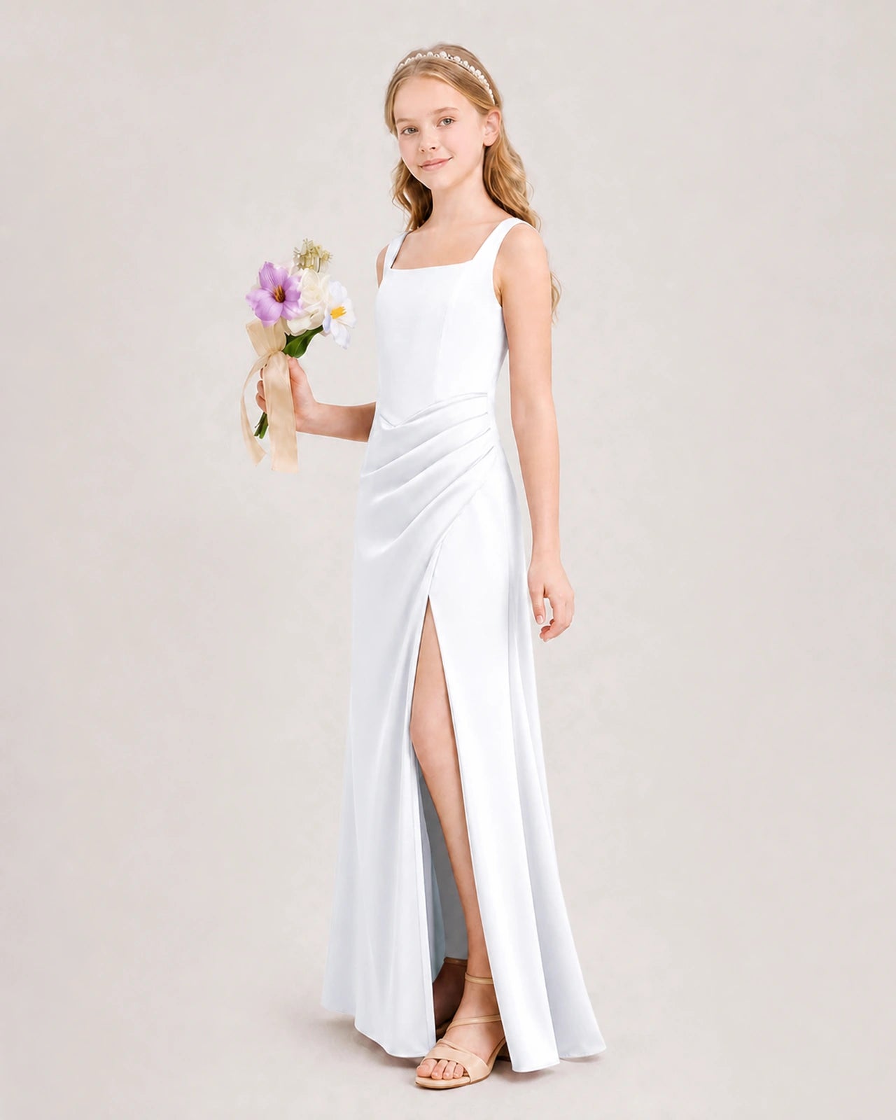 White Junior Bridesmaid Dress Square Neck Draped Slit Satin Floor-Length Gown Side View