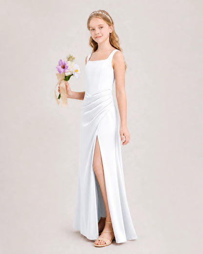 White Junior Bridesmaid Dress Square Neck Draped Slit Satin Floor-Length Gown Side View