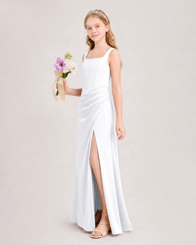 White Satin Sheath Junior Bridesmaid Dress Front View