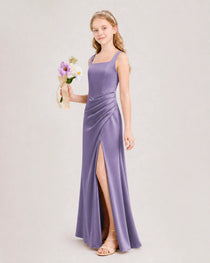 Wisteria Junior Bridesmaid Dress Square Neck Draped Slit Satin Floor-Length Gown Side View