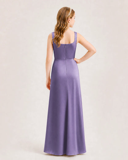 Wisteria Junior Bridesmaid Dress Square Neck Draped Slit Satin Floor-Length Gown Back View
