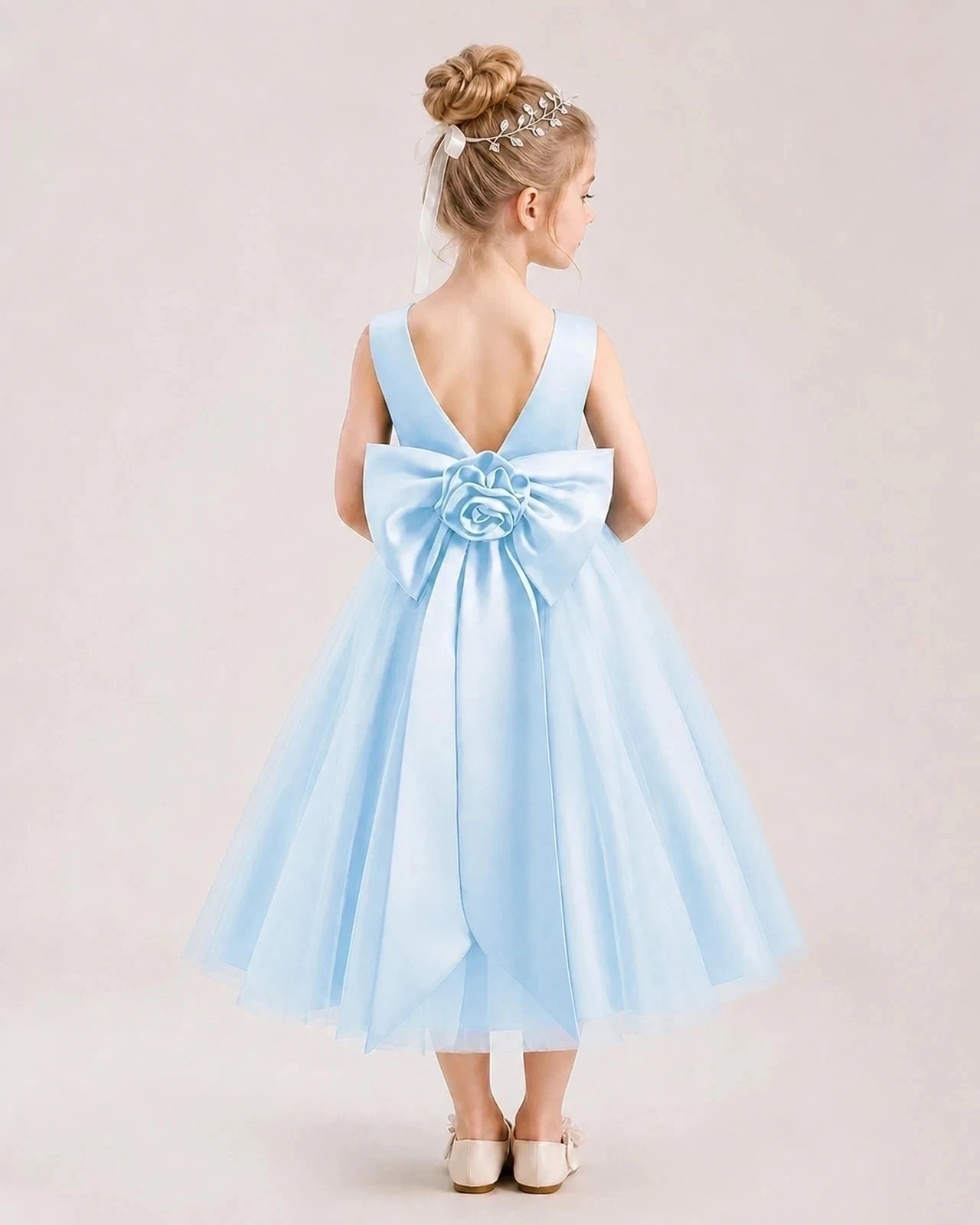 Dideyttawl Satin and Tulle Flower Girl Dress with Back Rose Bow