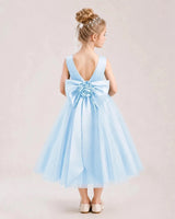 Baby Blue Satin and Tulle V-Back Bow Flower Girl Dresses Back View