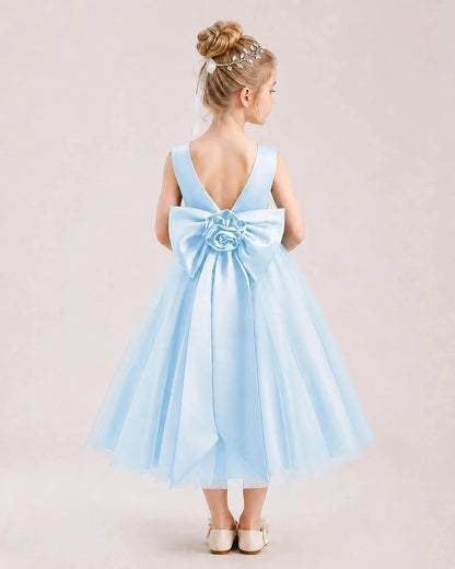 Dideyttawl Satin and Tulle Flower Girl Dress with Back Rose Bow