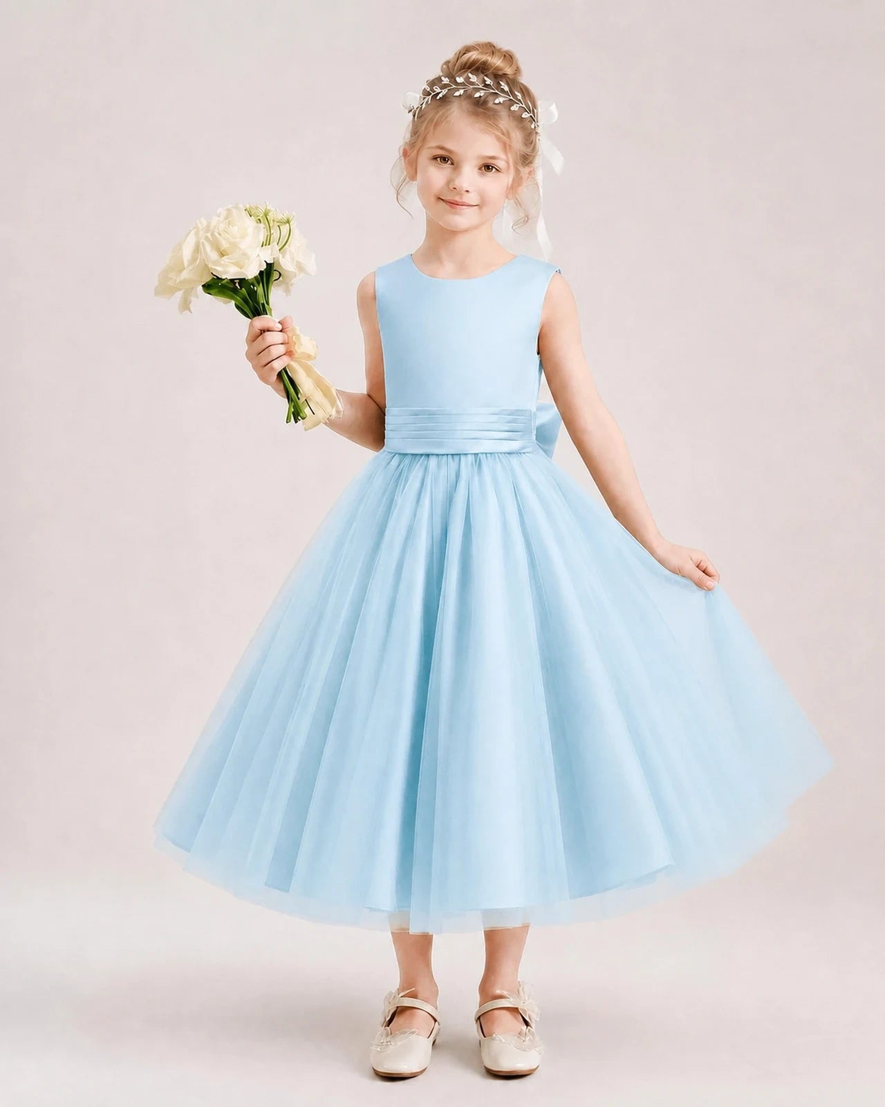 Dideyttawl Satin and Tulle Flower Girl Dress with Back Rose Bow