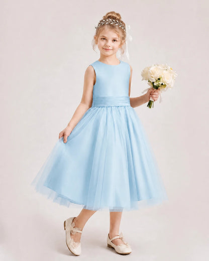 Dideyttawl Satin and Tulle Flower Girl Dress with Back Rose Bow