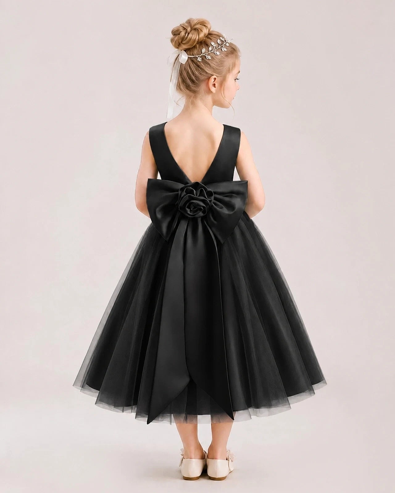 Dideyttawl Satin and Tulle Flower Girl Dress with Back Rose Bow