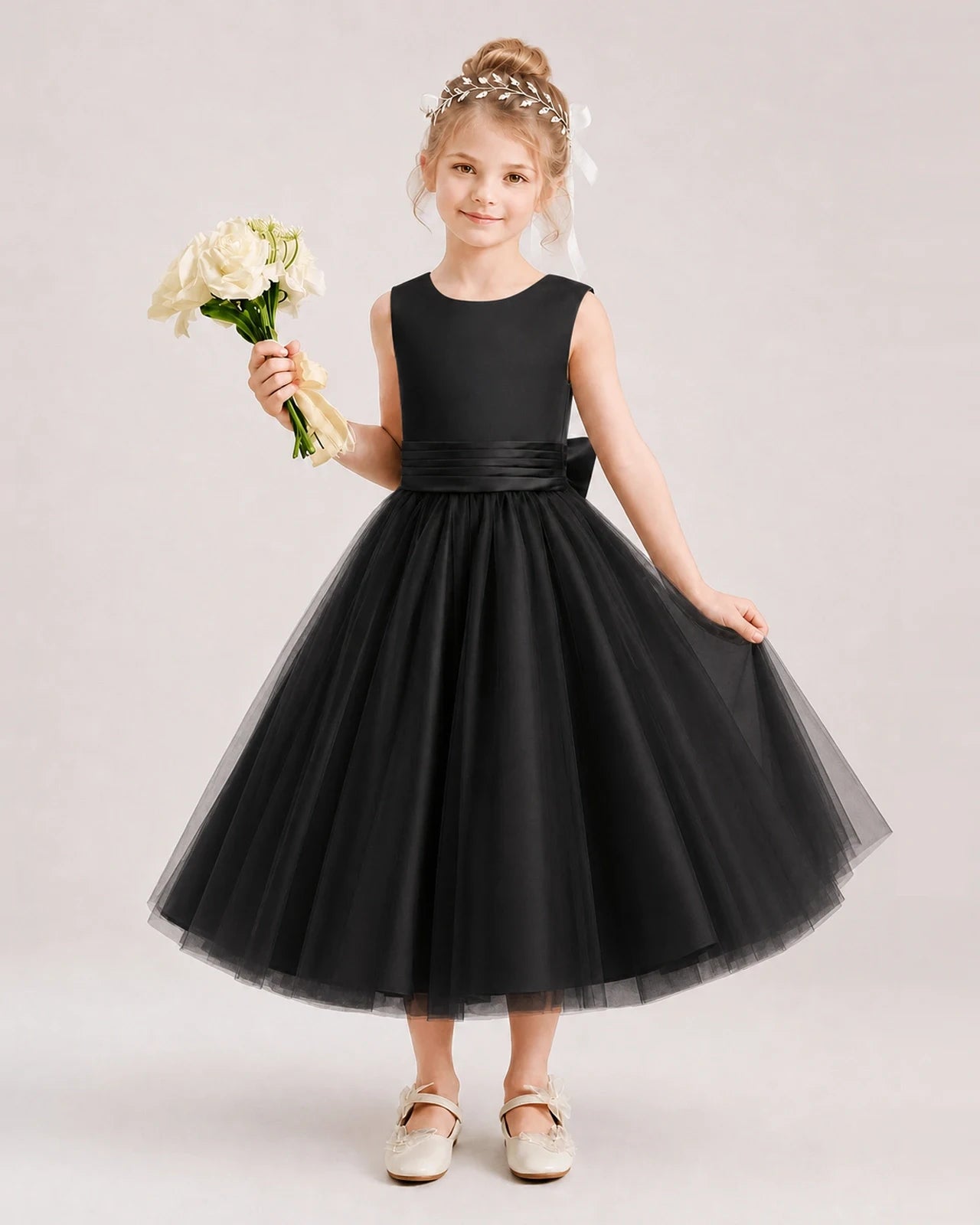 Dideyttawl Satin and Tulle Flower Girl Dress with Back Rose Bow