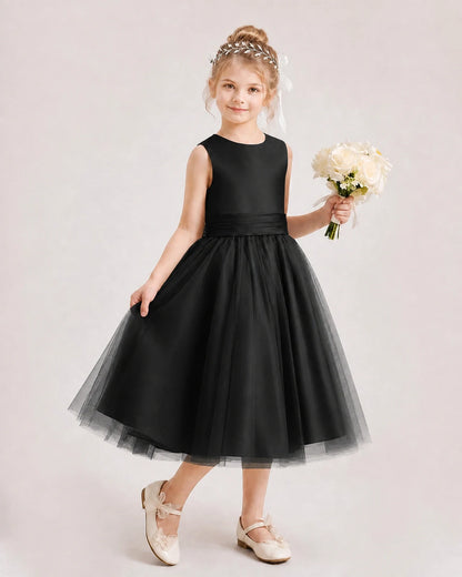 Dideyttawl Satin and Tulle Flower Girl Dress with Back Rose Bow