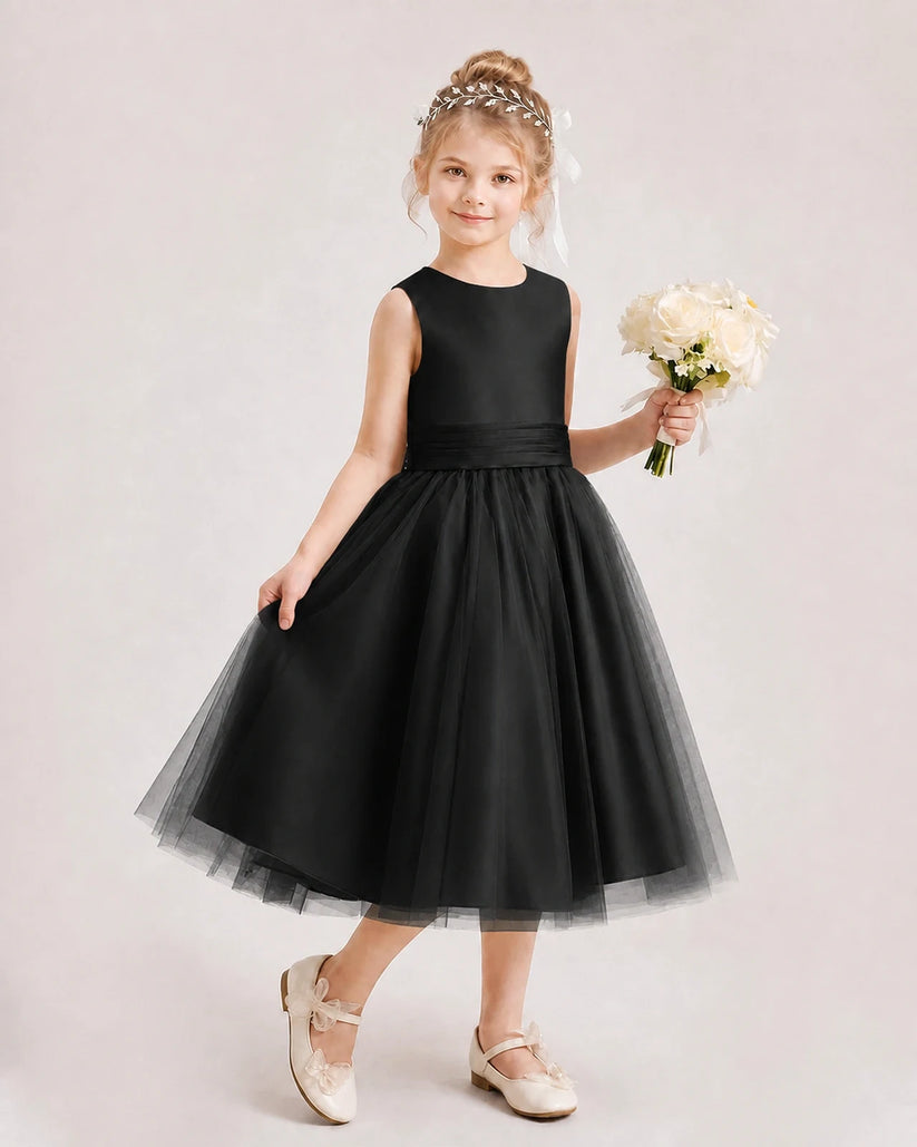 Black Satin Tulle A-Line Flower Girl Dresses Side View