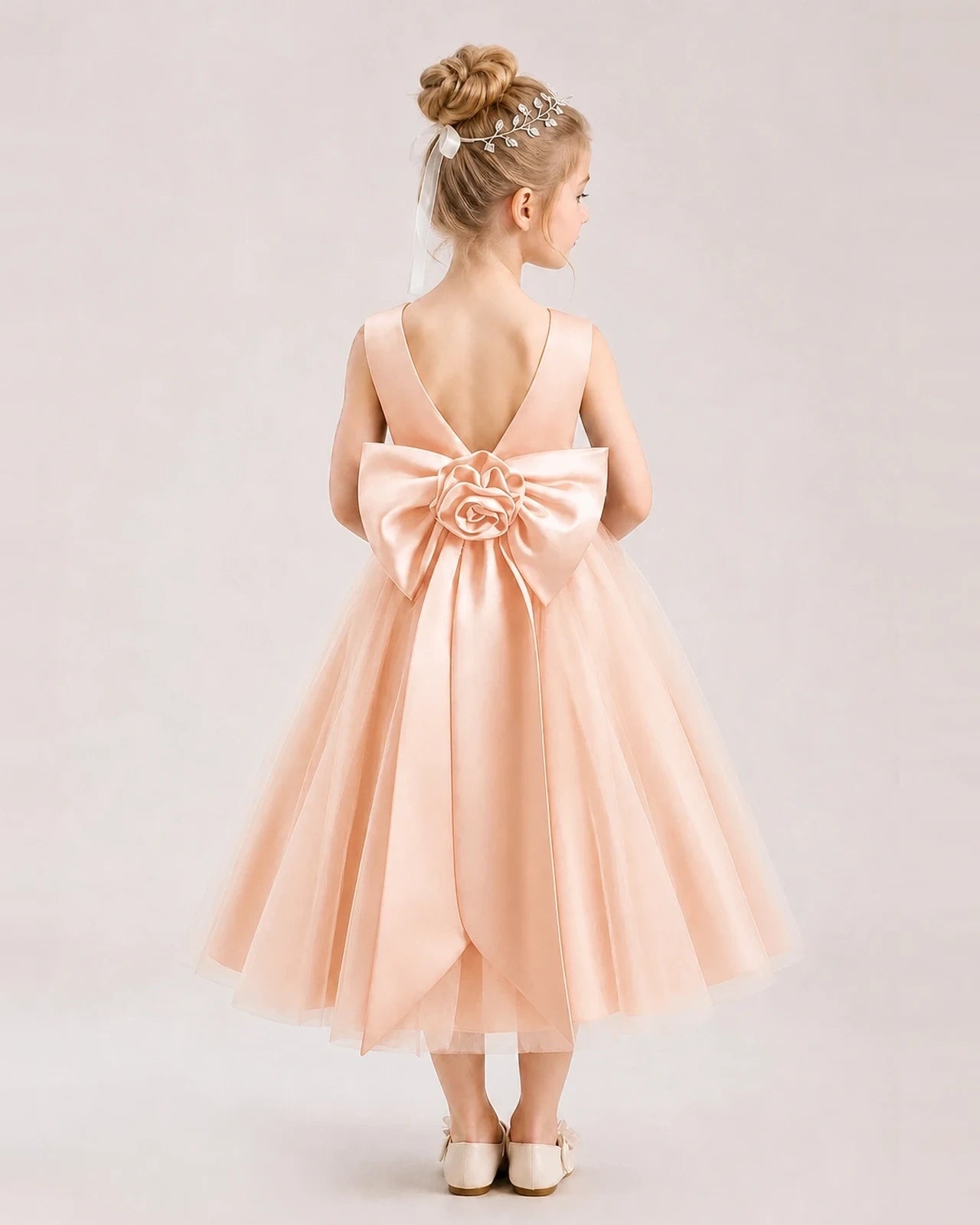 Dideyttawl Satin and Tulle Flower Girl Dress with Back Rose Bow