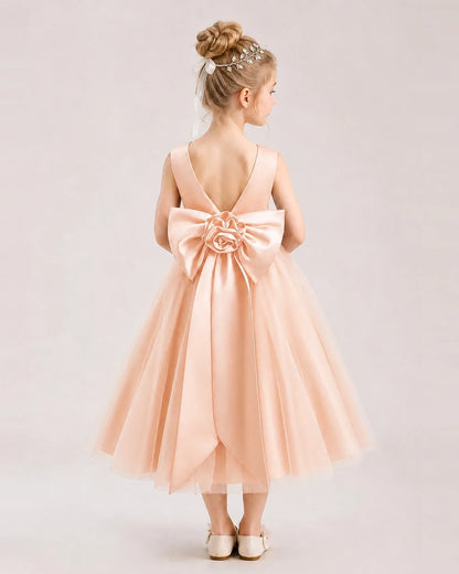 Dideyttawl Satin and Tulle Flower Girl Dress with Back Rose Bow