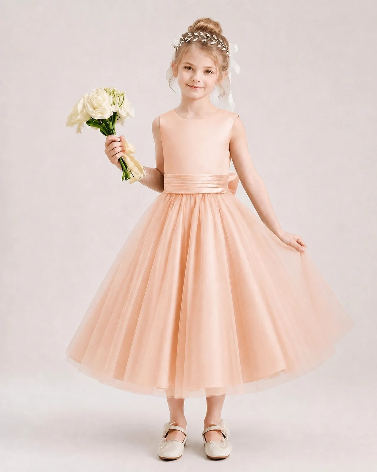 Dideyttawl Satin and Tulle Flower Girl Dress with Back Rose Bow